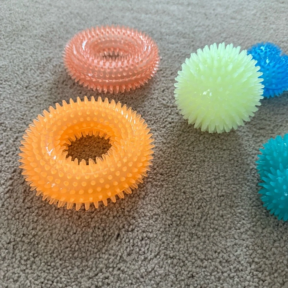 Vibrant Spiky Squeaky Dog Toy Set - Orange, Blue, Green - Set of Five (5)